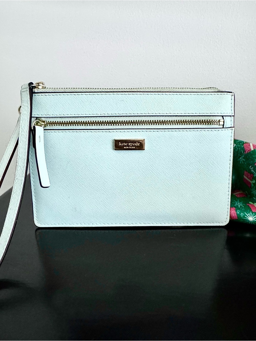 Kate Spade Staci Medium Saffiano Leather Wristlet Mint Blue / Seafoam
